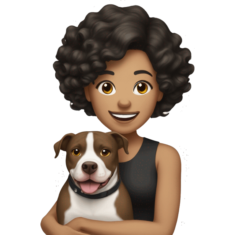 light skin woman with wavy black hair expressing joy alongide a white and brown pitbull emoji