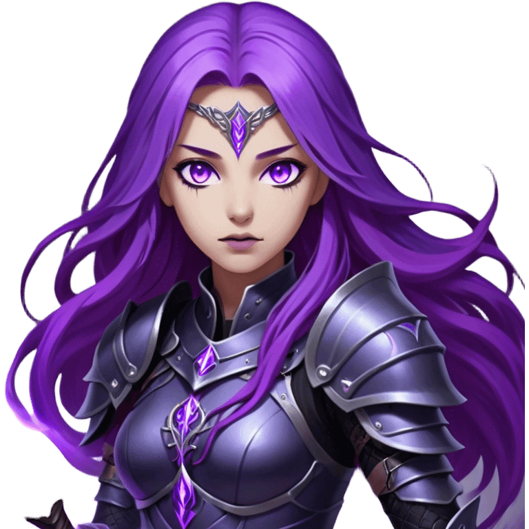 A mysterious warrior girl with long, flowing purple hair catching the dim light. Her glowing violet eyes stare forward, unwavering. She wears sleek black armor, adorned with silver runes that pulse faintly with hidden power. A dark mist swirls at her feet, hinting at the energy she commands. emoji