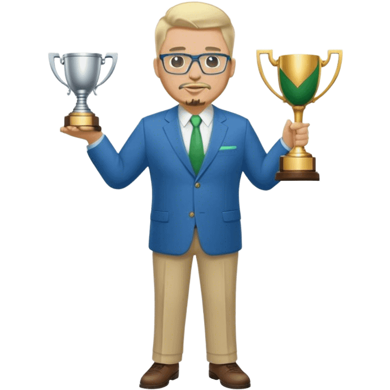 Full Body white male plus size wearing glasses with a goatee with light blonde and gray very short hair basketball head Coach in blue and green suit holding trophy emoji