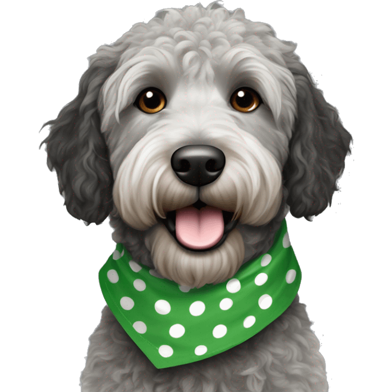 mini black and grey spotted labradoodle dog with green bandana around neck emoji