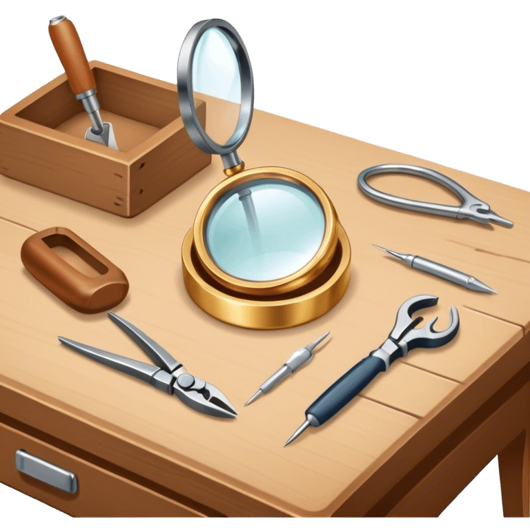 Create an icon that represents the art of jewelry making. The design should feature 1-2 pieces of jewelry, such as a ring or necklace, in progress. Include a small workbench or table, a magnifying glass, and tools like pliers and tweezers. The composition should feel elegant and detailed, showcasing the precision and skill involved in crafting jewelry. The background should be transparent. emoji