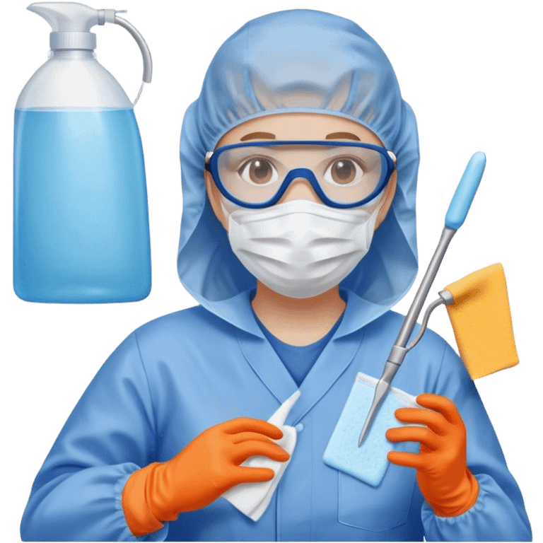 A meticulous cleanroom worker dressed in full protective gear, including a blue sterile suit, a face mask,  and orange gloves.  cleaning glasses with a wipe emoji