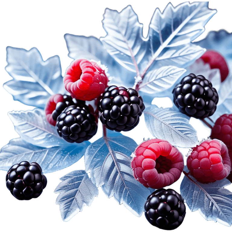 A visually stunning composition of frozen forest berries, including blueberries, raspberries, and blackberries, covered in frosty ice crystals. The berries are fresh and vibrant, with deep reds, purples, and blues. The ice has a translucent, glossy texture, reflecting soft light. The background is a dark, blurred, cool-toned surface to emphasize the contrast and freshness. The composition is artistic, with some berries partially submerged in crushed ice. The overall mood is refreshing, cold, and appetizing. emoji