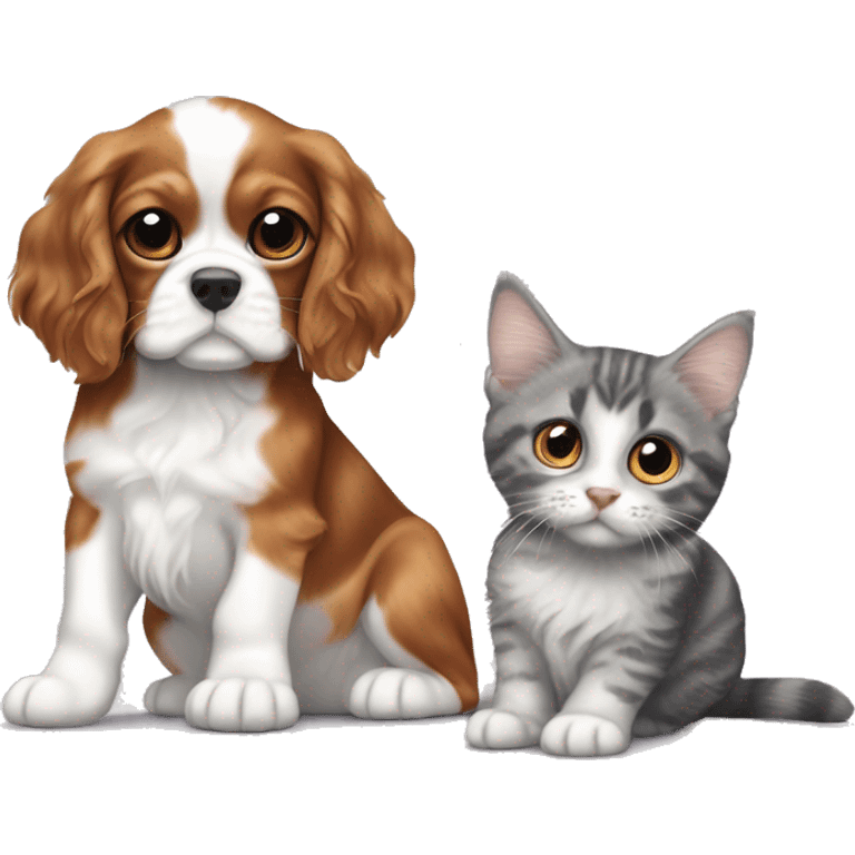 Cavalier King Charles Spaniel puppy sits next to a British gray tabby cat emoji