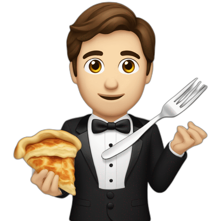 brown haired Man eating bosnian meal called Burek with fork and knife while wearing a tuxedo emoji