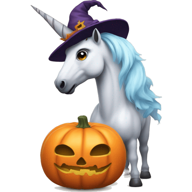 unicorn holding a pumpkin with witch hat emoji