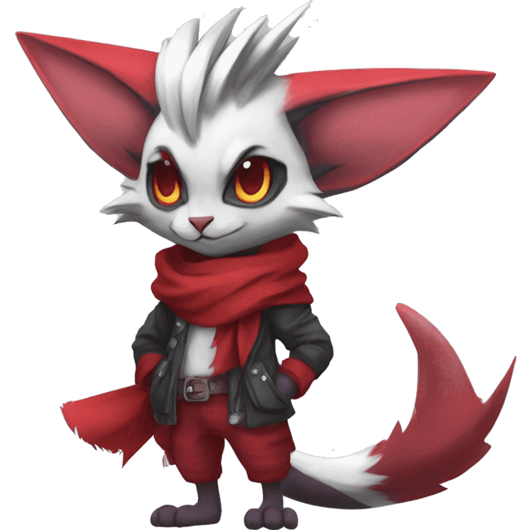 Cool Anthro Noivern-Zangoose-Litten-Sphynx-Feline-Pokémon with red scarf punk techwear cool fiddler-hat Full Body emoji