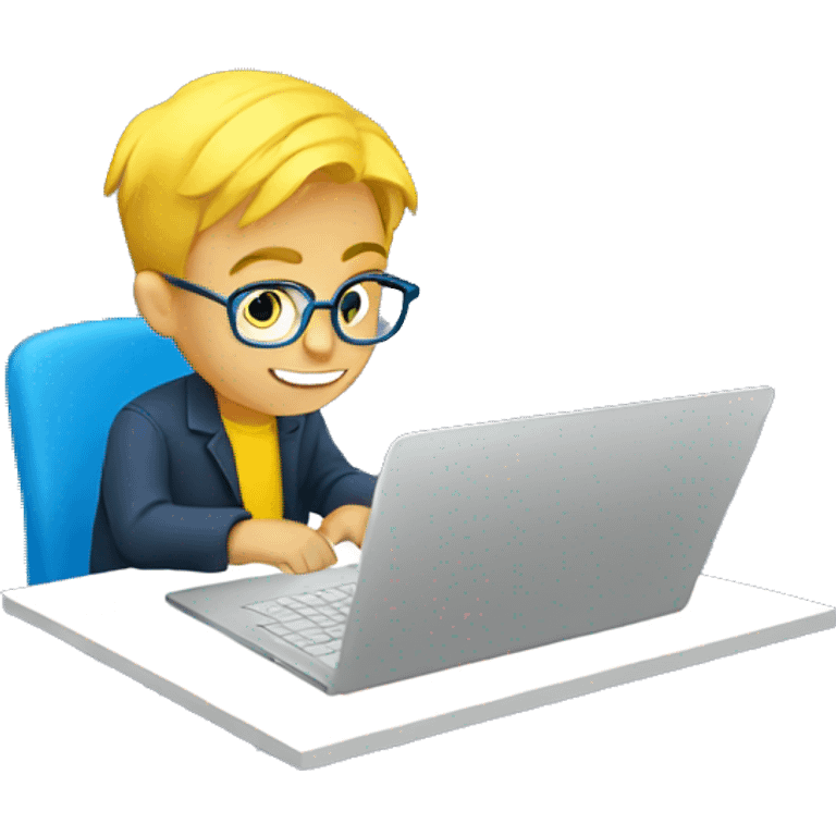 A blue-eyed boy with glasses and yellow hair working on a laptop emoji