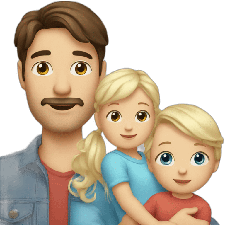 Brunette mum, dad and 2 years boy with blue eyes and 1 month blond baby emoji