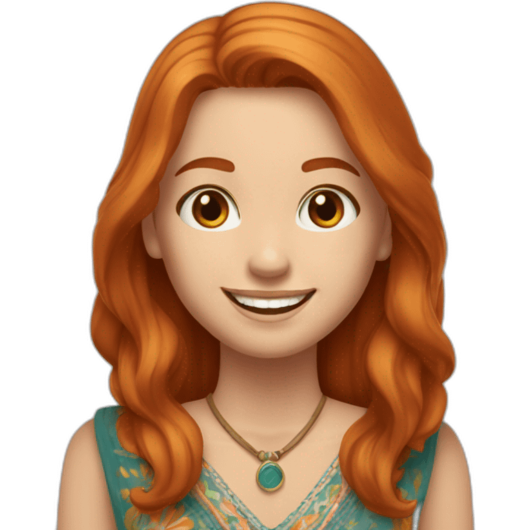 redhead white woman medium long straight hair, greets smiling, wearing boho dress emoji