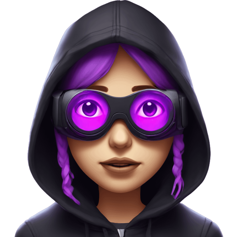 Russian girl wearing black hoody with violet letters "OMG", in vr headset. Cyberpunk style. Violet neon. emoji