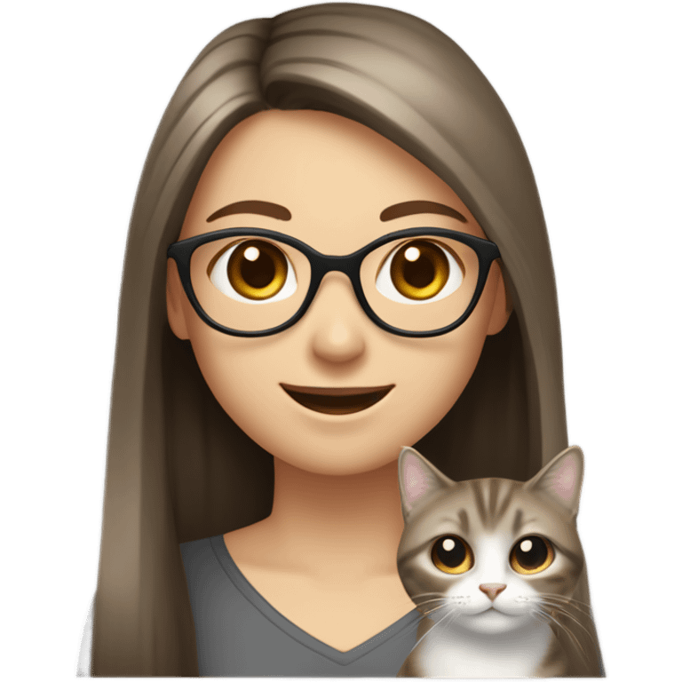 girl with pale skin black glasses grey eyes and long brown stright hair one side in front second back carring a cat in hand smiling  emoji