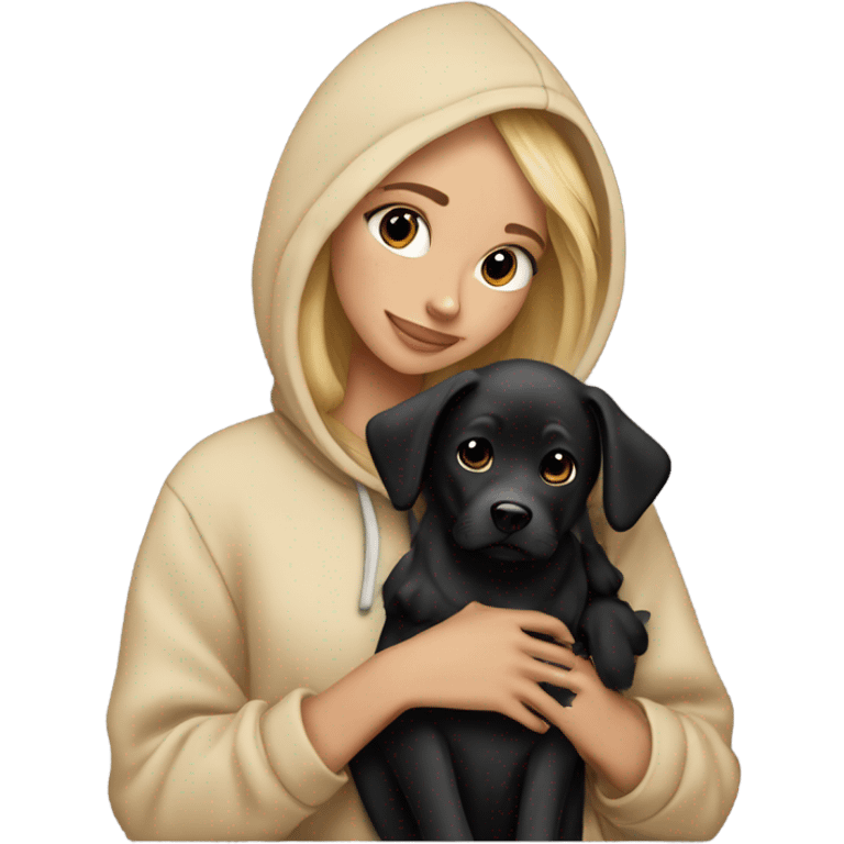 Balayage Blonde girl beige hoodie cuddling black dog emoji