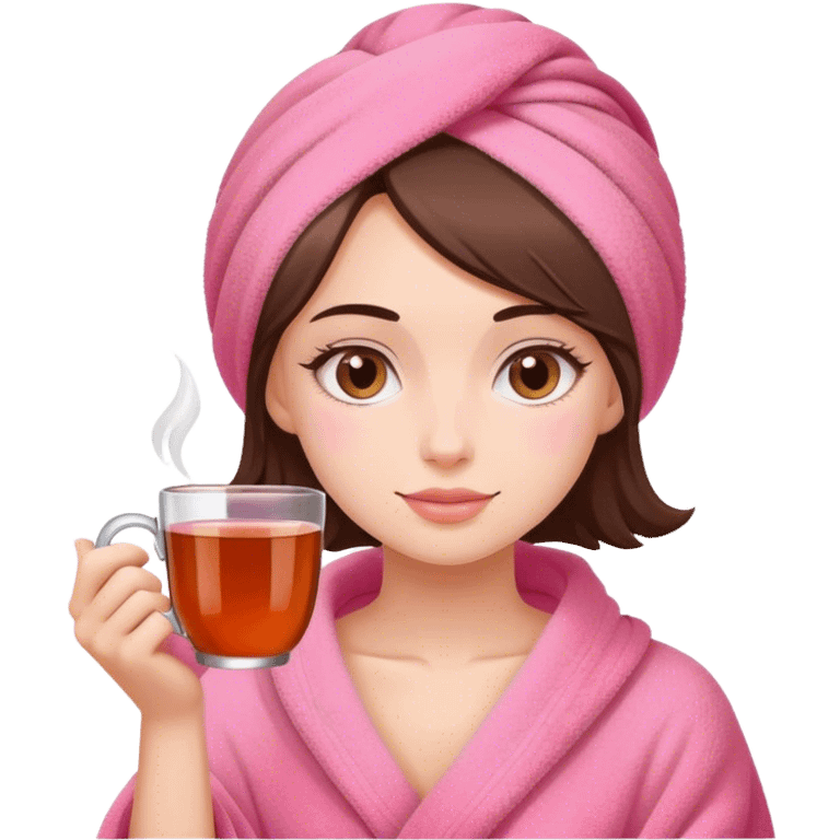 a girl in a pink towel with a mug of tea emoji