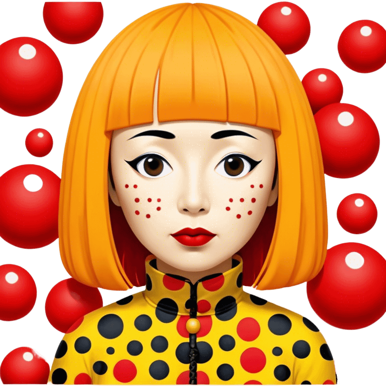 Yayoi Kusama – Cinematic Realistic Portrait of Yayoi Kusama, depicted as an avant-garde artist with an eccentric, captivating expression surrounded by her iconic polka dot patterns, rendered with vivid textures and imaginative lighting that evokes her unique, surreal creative world. emoji