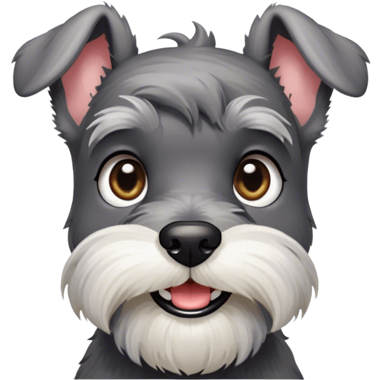 Cinematic Cute Miniature Schnauzer Portrait Emoji, Head cheerfully cocked with expressive, twinkling eyes and a neatly trimmed, adorable salt-and-pepper fur, simplified yet endearingly detailed, glowing with a bright, friendly radiance, high shine, exuding smart and spunky charm, styled with a delicate, whimsical outline, capturing the essence of a cute Miniature Schnauzer that appears ready to scamper off the screen with delightful energy! emoji