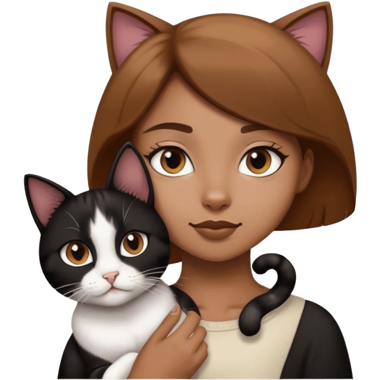 Light brown girl with black and white cat emoji