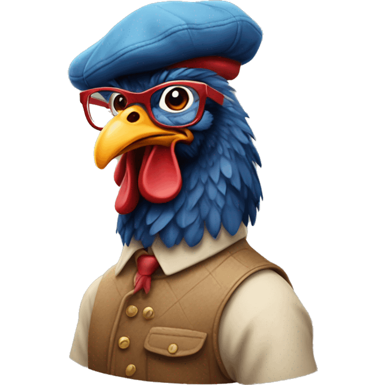 A rooster wearing a beret, glasses, and painting  emoji