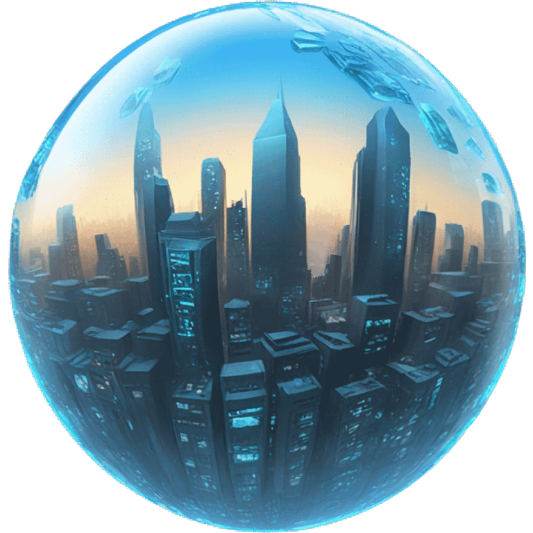 a blue crysta ball with a cyberpunk city inside in emoji