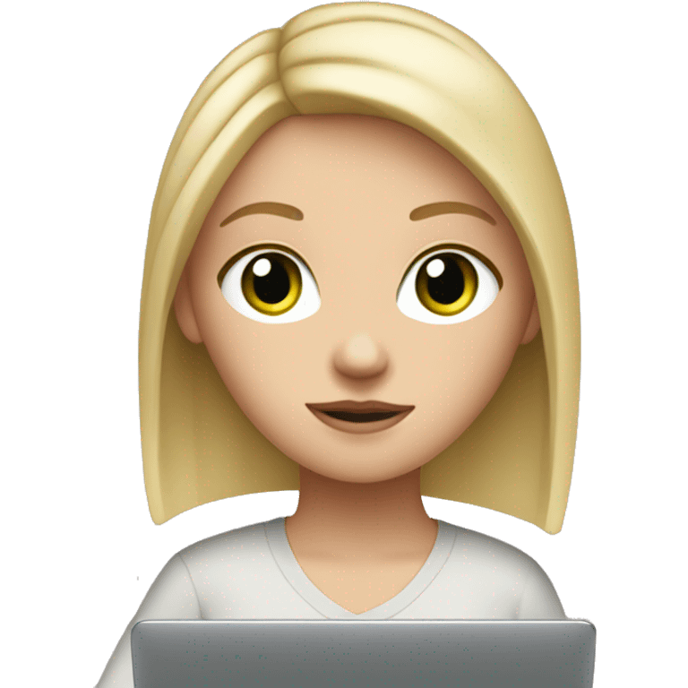 white girl with blonde straight medium length hair and green eyes, and apple laptop in front of her emoji