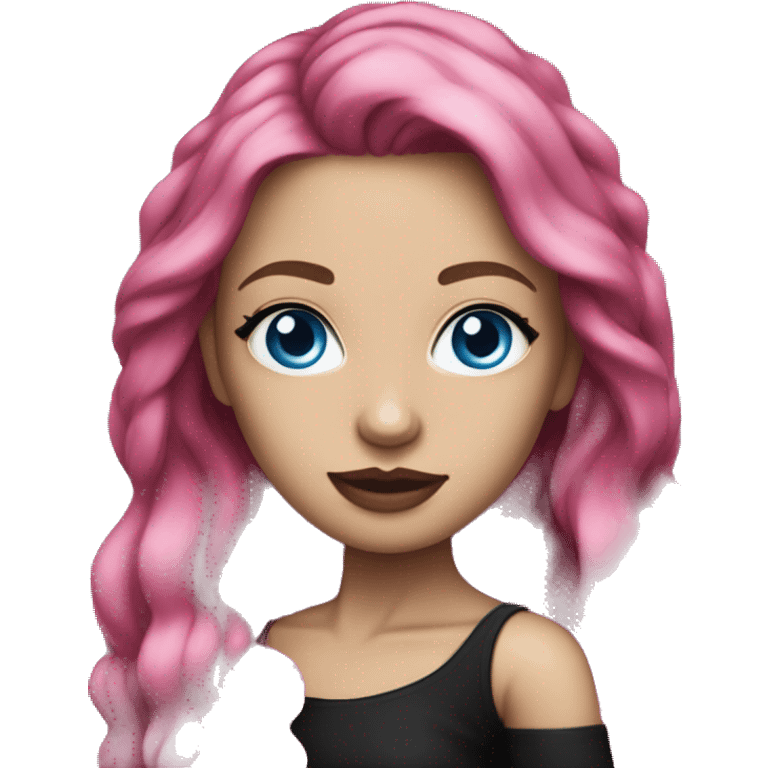 White lady with hot pink long hair, blue eyes, tattoos, black off the shoulder top emoji