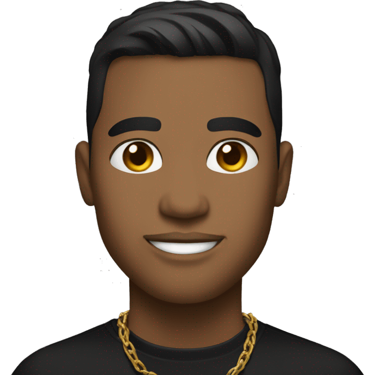 casual portrait of a light brown male in black shirt with gold chain and short black hair with a fade emoji