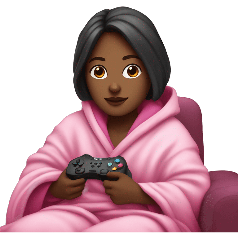 White girl with dark hair wrapped up in a blanket sitting on a couch with a pink gaming controller in her hands emoji