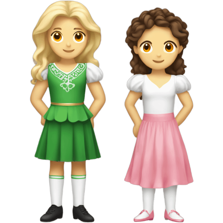 a blonde Irish dancer with a pink dress and a brunette Irish dancer with a white and orange dress  emoji