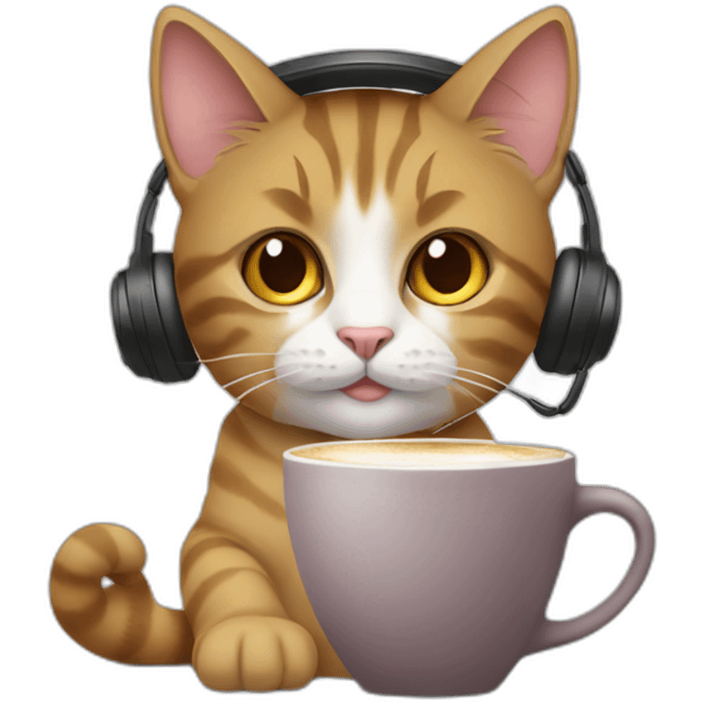 cat with a cup of coffee and wearing a headset emoji