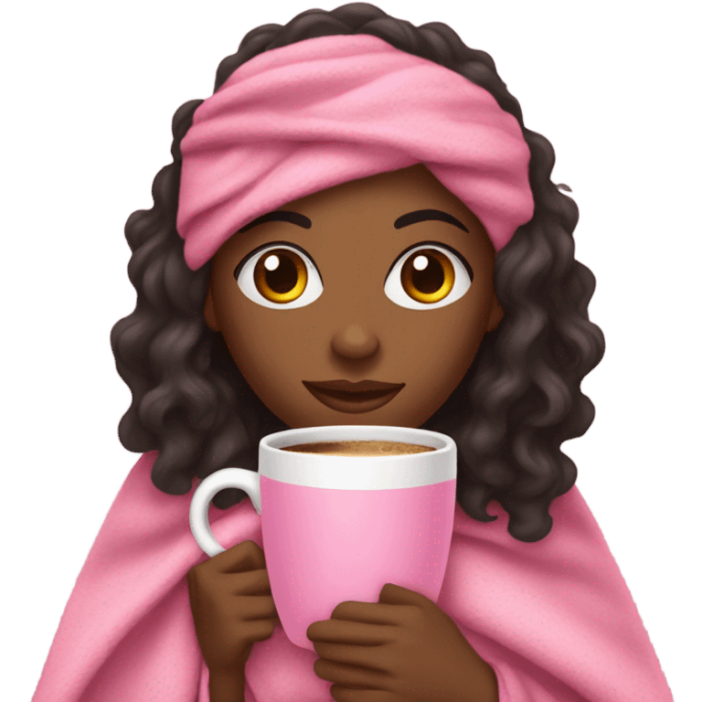 A black woman with long curly hair  with a pink blanket wrapped over her shoulders, holding a pink mug of coffee emoji