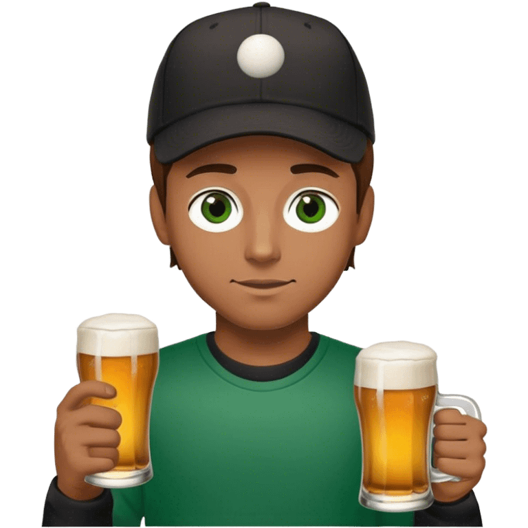 Man with brown hair, green eyes, a baseball cap, black sweatshirt, and a beer emoji