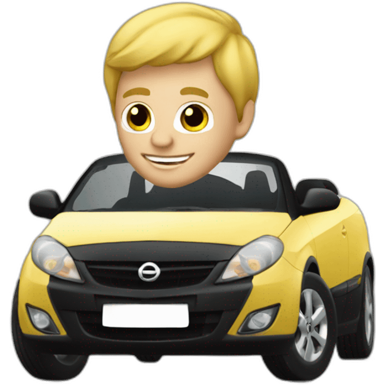 A blonde man driving a Black Opel Tigra cabrio emoji