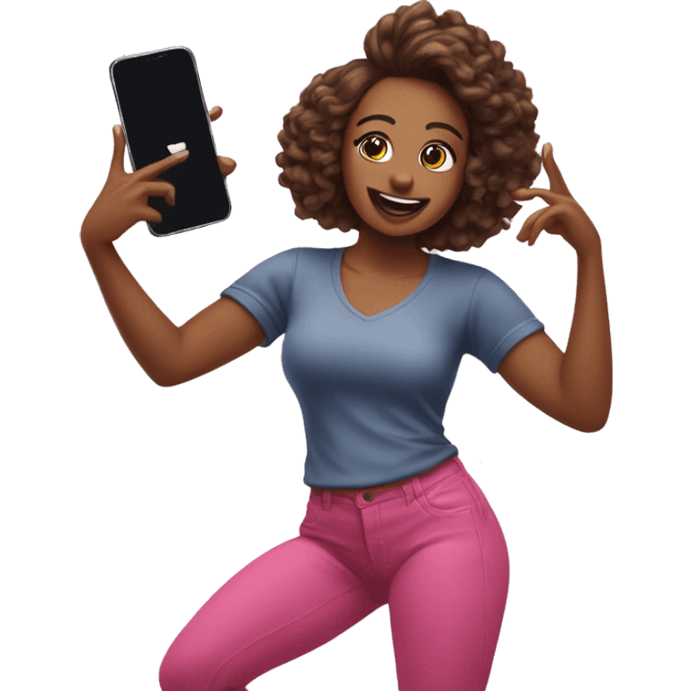 An emoji of a woman recording a TikTok dance video, holding a smartphone, mid-dance with a confident pose emoji