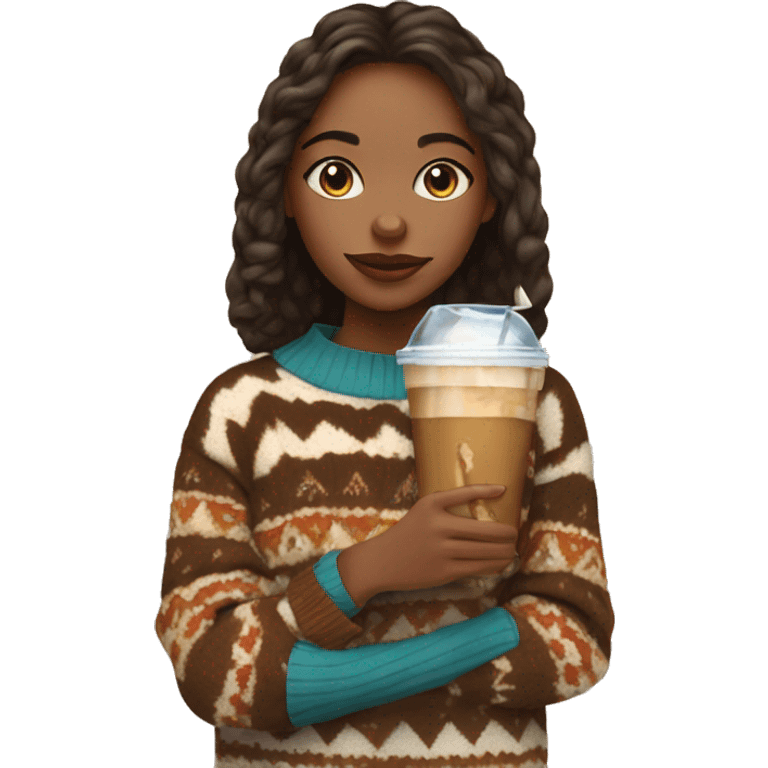 A girl in an oversized and patterned sweater with an iced coffee emoji