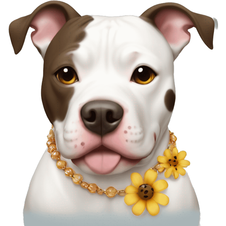 White pit bull with big brown spots and a flower necklace emoji