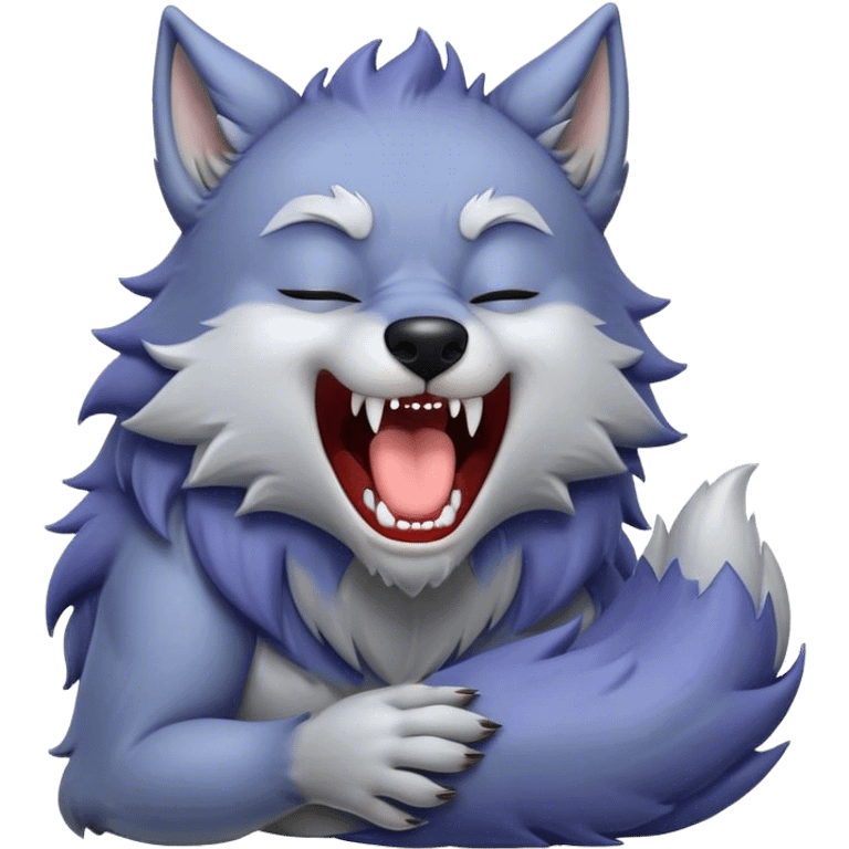 Cinematic Cute Yawning Werewolf Portrait Emoji, with a cuddly, miniature lupine form in soft moonlit grays and silvers, head leaning back in a big, adorable yawn that reveals a few fuzzy teeth, simplified yet irresistibly charming, highly detailed with a soft glowing outline that captures the drowsy, playful essence of a werewolf mid-nap! emoji