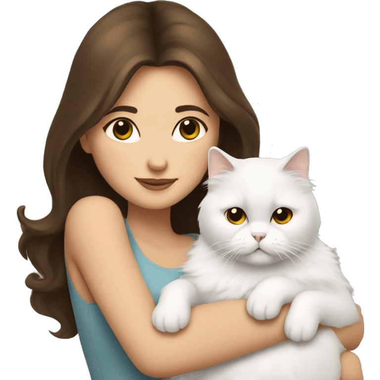 Brunette woman snuggling white Persian cat emoji