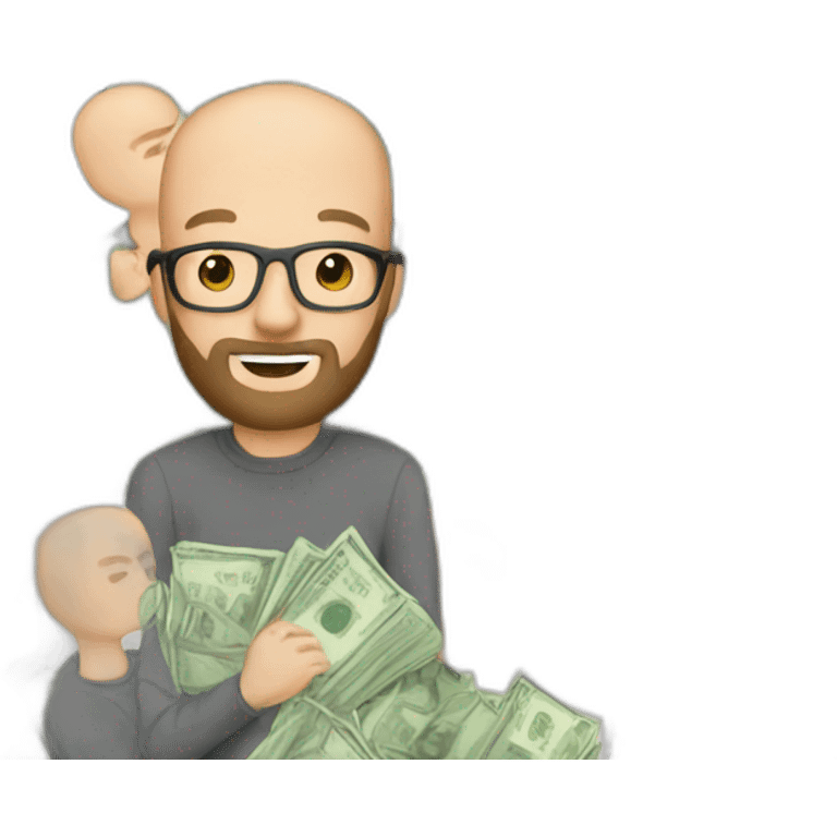 white male with small beard and almost bald holding stacks of money smart casual shirt emoji