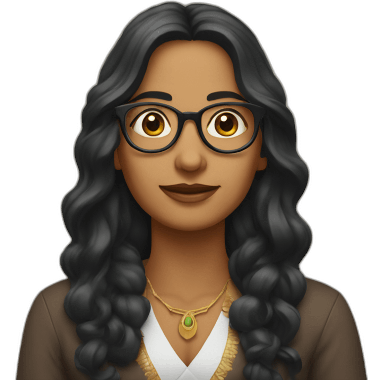 Indian woman with medium long wavy hair wearing glasses and fingers crossed emoji