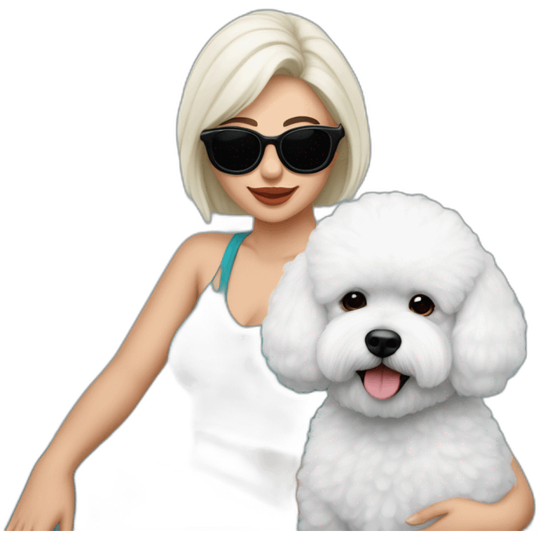 mujer piel blanca pelo negro largo con perro bichon blanco y unas gafas rosas en un prado verde con amapolas azules  emoji