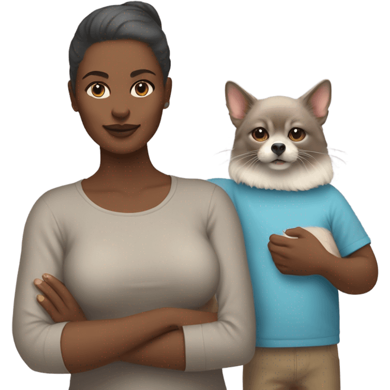 Woman in the right arm holding a sphinx grey cat and in the left arm holding a Pomeranian dog emoji