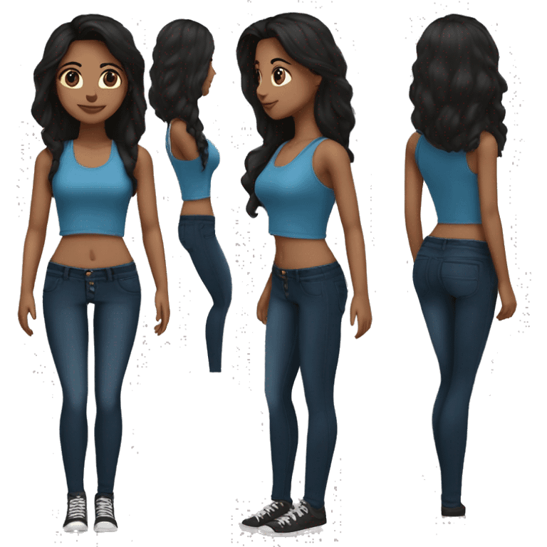 Medium size girl Indian skin tone fair long dark brown hair in blue tank top and black high waist skinny jeans emoji