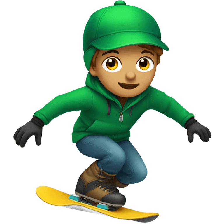 boy in green baseball cap snowboarding  emoji