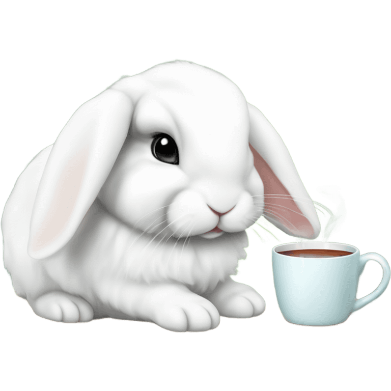 White mini lop rabbit drinking tea from a mug emoji