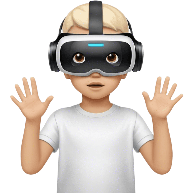 Child wearing virtual reality glasses, with a curious and engaged expression, exploring the digital world through VR technology. emoji