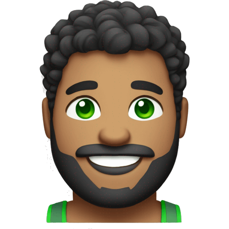 Chubby muscular male with a dark red beard and curly hair, green eyes and smiling emoji