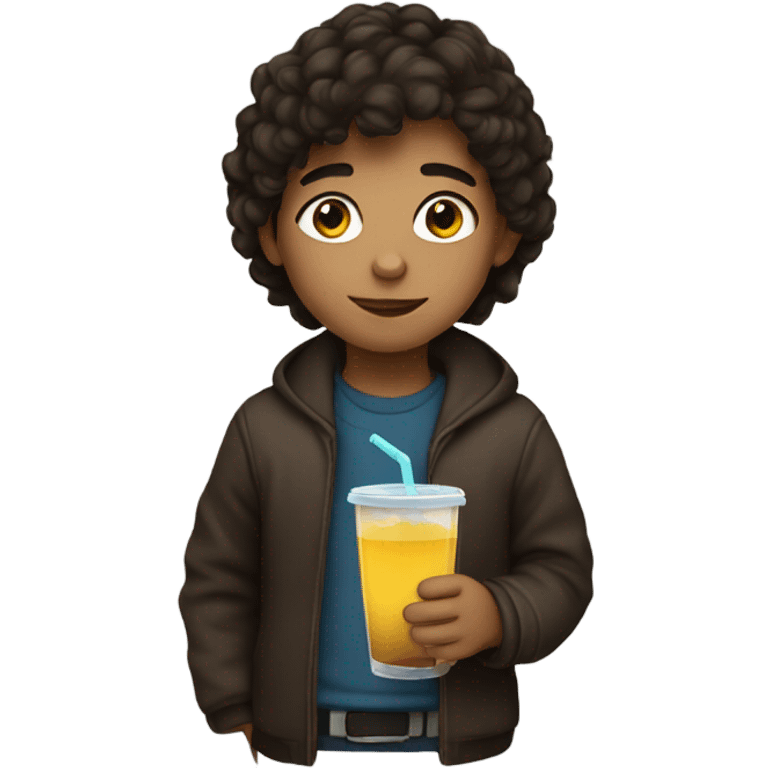 Kid with dark brown hair and a drink emoji