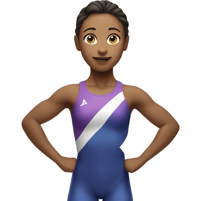 a female gymnast introducing the first place podium, full body, two arms pointing to the center place emoji