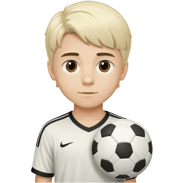 white blonde haired boy with brown eyes and dark eyebags with a soccer ball emoji