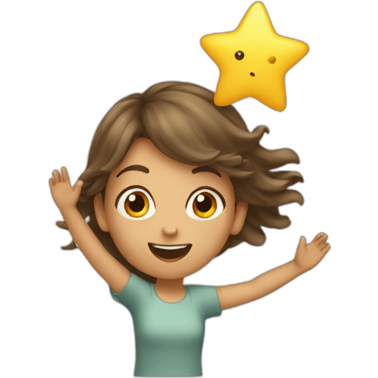 Girl with waving hair flying and catching a star emoji